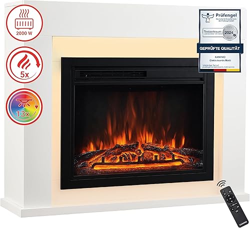 KAMINIO Elektrokamin MATTI - Elektrischer Standkamin mit Heizung, 3D-Flammeneffekt, LED-Ambientelicht, Fernbedienung - Weiß - Cheap-Us