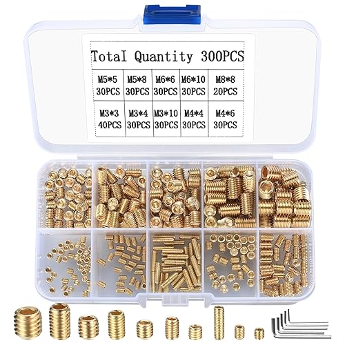 300 Stk Madenschrauben Set, M3/M4/M5/M6/M8 Gewindestifte Sortiment Kit, Sechskantkopf Schrauben mit Sechskantschlüssel für Türgriff Türklinke Halterung Innensechskant Madenschrauben, Gold - Cheap-Us