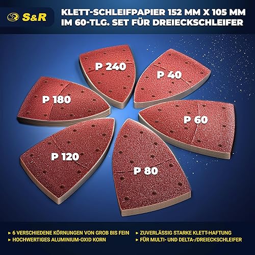 S&R Klett-Schleifpapier Set 105x152 mm (93x93x93 mm) – 60-teilig für Delta- & Dreieckschleifer: Ideal für Holz, Metall, Kunststoff & mehr - Körnung P40 bis P240, 11-Loch, langlebig und effizient - Cheap-Us