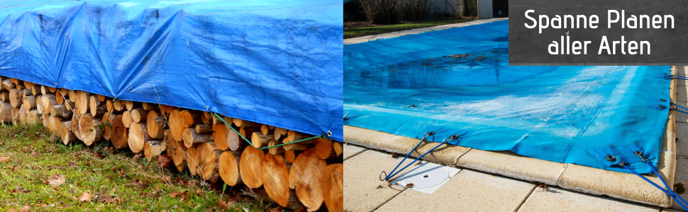 Planen und Abdeckplanen mit Gummiseil befestigen. Pools, Holzbeigen und Boote winterfest machen.