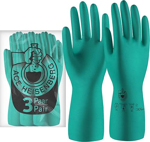 ACE Heisenberg Chemie-Handschuhe - 3 Paar Chemikalien-Schutzhandschuhe aus Nitril - extra lang & gefüttert - 08/M (3er Pack) - Cheap-Us