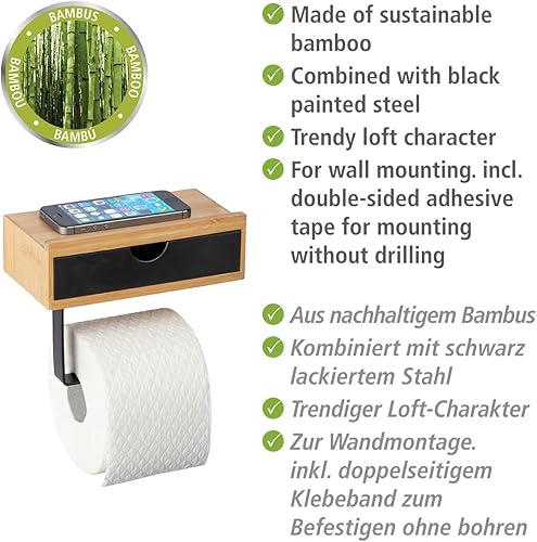 WENKO Toilettenpapierhalter Mod. Bambusa mit Ablage aus Bambus und Schublade, inkl. Befestigungsmaterial, Natur/Schwarz - Cheap-Us