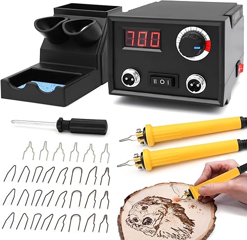Pyrographie Maschine mit 2 Stifte, Luriseminger 60W Holzverbrennungs Kit mit 30 Pyrography Drahtspitzen, 0-700℃ Einstellbare Temperaturregelung Brandmalerei Lötkolben Set für Holz Leder Bambus - Cheap-Us