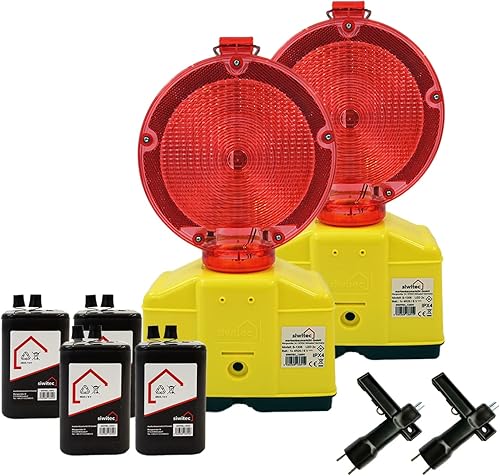 2 x siwitec LED Baustellenleuchte gelb inkl. 4 x Blockbatterien Typ 4R256V 7Ah, LED Warnleuchte für Baustellen im Straßenbau mit Lampenschlüssel, Baustellenabsicherung - Cheap-Us