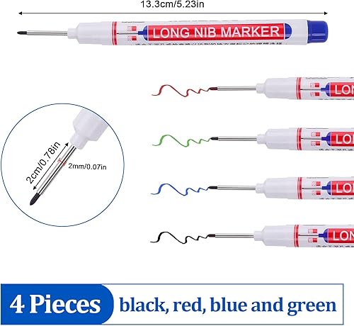 Tieflochmarker, Vaktop 4 Stück Bohrlochmarker, 20mm Spitze Tiefenlochmarker, Markierungsstift für Holz, Kunststoff, Wand, Metall, Karton Baustellen Stift (Schwarz, Blau, Rot, Grün) - Cheap-Us