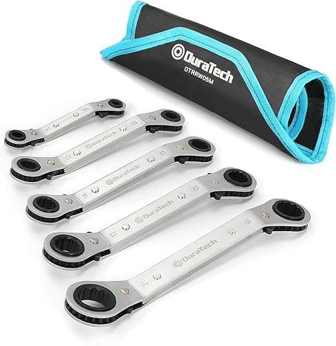 DURATECH Doppel-Ratschenschlüssel-Satz, Ratschen-Ringschlüssel-Satz, Doppelringschlüssel Ratsche Gekröpft Schraubenschlüssel Set, Umschaltbar, 5-teilig, Metrisch, SW 6-21mm, mit Aufbewahrungstasche - Cheap-Us
