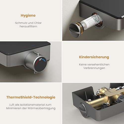 EMKE Duschset mit Thermostat, Duschstange mit Brause mit 40cm Thermostatische Platte, Design Duschstange, 3 Strahlarten Handbrause, Duschset mit Armatur, Anthrazit Matt - Cheap-Us