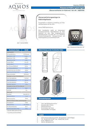 Aqmos CM-60 Wasserenthärtungsanlage im Set mit Montageblock und 100kg Regeneriersalztabletten | Wasserenthärter für Haushalte bis zu 5 Personen | Entkalkungsanlage, Antikalkanlage für weiches Wasser - Cheap-Us
