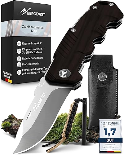 BERGKVIST® K10 Klappmesser (Zweihandmesser) - scharfes Taschenmesser für Outdoor & Survival mit Feuerstahl & Tasche - Mitführen in Deutschland erlaubt - Vollmetall - Cheap-Us