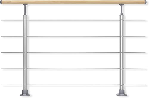 DOLLE Aluminium Geländer-Set Handlauf aus Buche Füllstäbe aus Edelstahl aufgesetzte Montage 150 cm - Cheap-Us