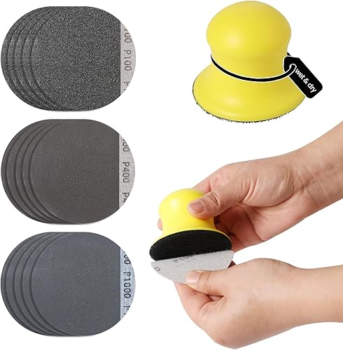 BOOWAN NICOLE Nass-Trockene Hand Schleifklotz für Jesmonite Beton Terrazzo, Runde Haken und Schleife Schleifmaschine mit 100/400/1000 Grit Sandpapiere für Handwerk Polieren (A0167+A0337+A0338+A0339) - Cheap-Us