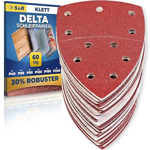 S&R Klett-Schleifpapier Set 105x152 mm (93x93x93 mm) – 60-teilig für Delta- & Dreieckschleifer: Ideal für Holz, Metall, Kunststoff & mehr - Körnung P40 bis P240, 11-Loch, langlebig und effizient - Cheap-Us