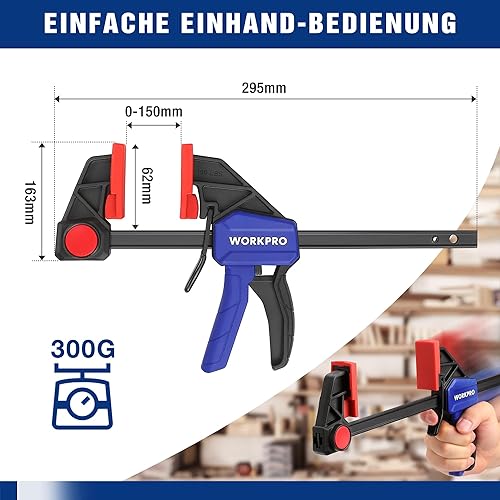 WORKPRO Einhandzwingen 2 Stück, Schraubzwingen Set Spannweite 305mm 2 in 1 zum Spannen Dehnen, Dehnbereich 440mm Spannkraft 68kg, für einfaches und stabiles Fixieren von Holz Möbel mit einer Hand - Cheap-Us