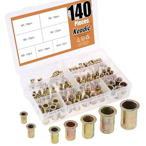 Keadic 140 Stk Nietmuttern Set, Blindnietmuttern, Flachkopf Gewindehülsen Einschraubmutter Sortiment, Kohlenstoffstahl Farbzink Einnietmuttern - M3/M4/M5/M6/M8/M10 - Cheap-Us