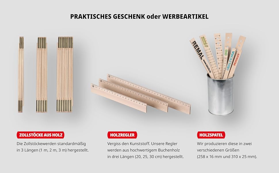 Metrie, Praktisches geschenk oder werbeartikel, Zollstock aus Holz, Holzregler, Holzpatel 
