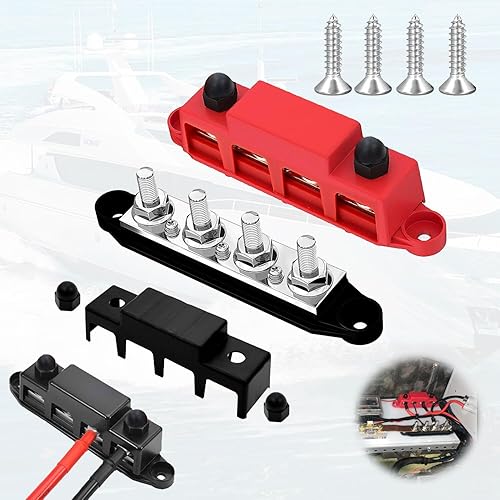 Fosoloni Sammelschienen Verteilerblock,Stromverteilungsblock 250A 12V Bus Bar mit 5/16' (M8) 4-Posts Klemmenblock mit Abdeckung für Automotive, Marine, Batteriesystem (Schwarz & Rot) - Cheap-Us