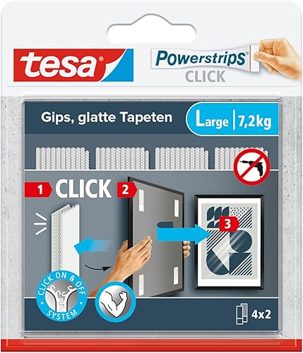tesa Powerstrips CLICK - Klett-Klebepads zum An- und Abklicken von Bilderrahmen und Wanddekorationen ohne Bohren - selbstklebende Klettband-Strips mit ON und OFF Click-System - Large - 4 x 2 Stück - Cheap-Us