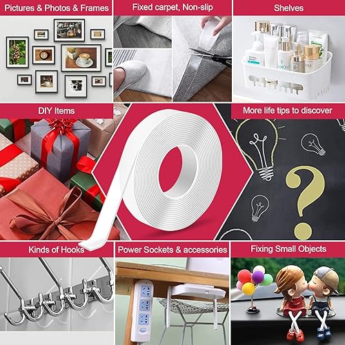 7m Doppelseitiges Klebeband Extra Stark Transparent,Abnehmbar Spurlos Double Sided Tape,2 Rollen Nano Klebeband Doppelseitig Ablösbar für Teppich, Foto Wand, Küche, Zuhause, Auto - Cheap-Us