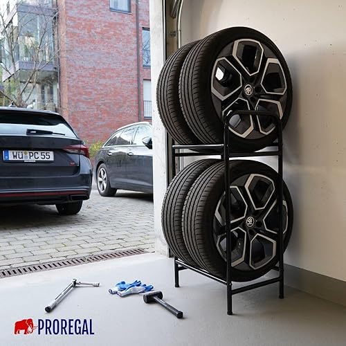 PROREGAL Reifenregal CARRERO HxBxT 104x55x40cm, bis zu 4 Reifen auf 2 Ebenen, Schwarz, Werkstattregal, Lagerregal, Kellerregal - Cheap-Us