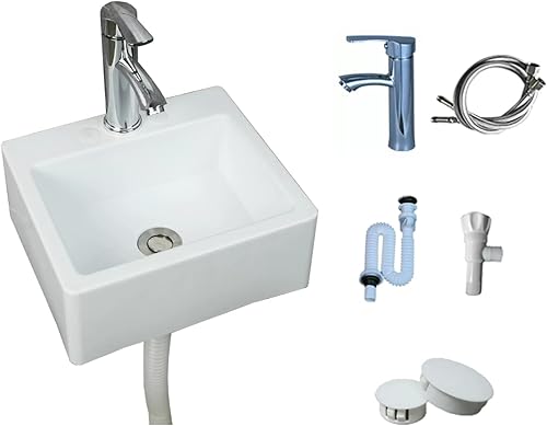 TYTFTDLD Weißes Kunststoff gebogenes quadratisches Waschbecken mit vier Ecken Badezimmer Waschbecken mit wandhängendem einschließlich Legierungshahn und Wasserrohr 33.5 * 29 * 13cm[Gerade] - Cheap-Us