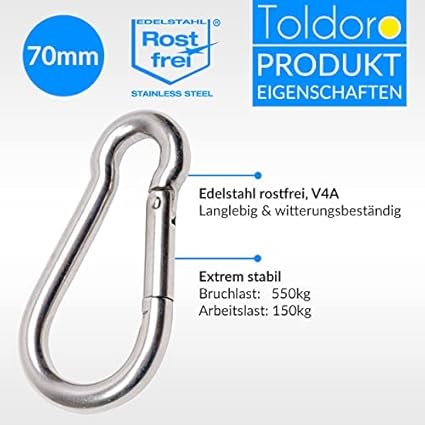 Toldoro Edelstahl Karabiner 70mm Rostfrei - NIRO AISI 316 V4A / Karabinerhaken für Schaukel, Camping oder Slacklines/Feuerwehrkarabiner/Karabiner Set - Cheap-Us