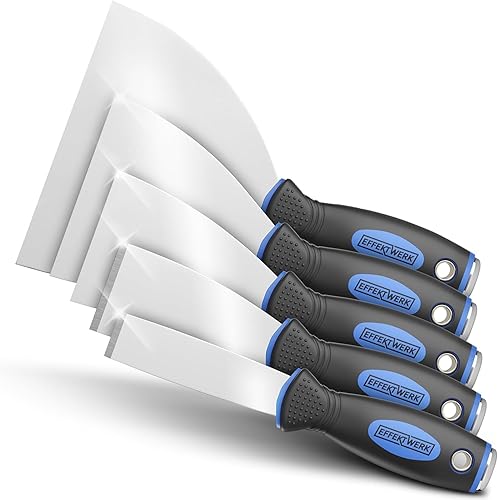 EFFEKTWERK Profi Spachtel Set - 5tlg Spachtel aus rostfreiem Edelstahl - 2x stabil zum Tapeten entfernen mit Anschliff & Metallplatte - 3x flexible Malerspachtel - Maler Werkzeug Spachtelset - Cheap-Us