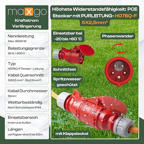 netbote24 CEE Verlängerungskabel Panzerkabel H07BQ-F 5G2,5 32A mit/ohne Phasenwender IP44 5-50m (10m Phasenwender) - Cheap-Us