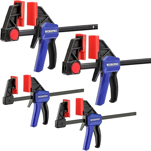 WORKPRO Einhandzwingen Set 4 Stück Schraubzwingen Spanner, Spannweite 120mm/150mm, Dehnbereich 200mm/285mm, Spannkraft 23kg/68kg, Stahl und Nylon für präzises Fixieren - Cheap-Us