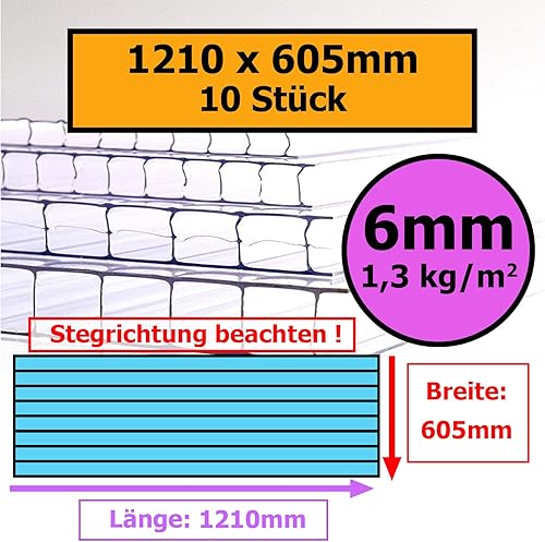 6mm | 10 Stück | 1210x605mm | Löffert® Gewächshausplatten | 1300g/m² Polycarbonat | Stegplatte | 4mm 6mm 8mm 10mm | alle Standard-Größen - Cheap-Us