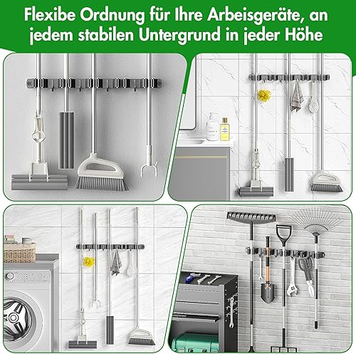 Radikor Besenhalterung Wand, Selbstklebender Besenhalter mit 4 Halter und 3 Haken, Edelstahl Gerätehalter Schraubbar, Gartengerätehalter Gartengeräte Halterung, Besen Mop Halter, Schwarz - Cheap-Us