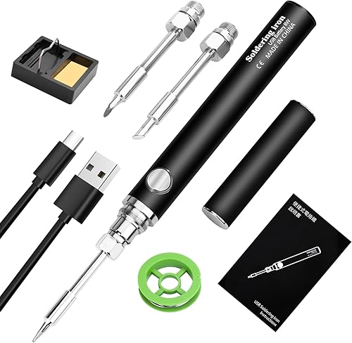Lötkolben Set, USB Akku Lötkolben mit 3 Temperatur Einstellbar 330℃-450℃,3 Lötspitzen, Lötkolbenständer, Lötdraht, KKMOL Professionelles Sicheres Komplettes Lötkolben - Schwarz - Cheap-Us