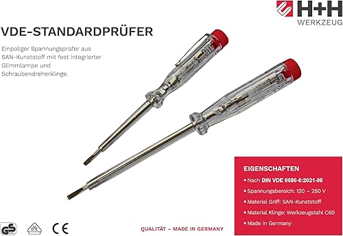 H+H Werkzeug 45200 45500 VDE Standardprüfer, Spannungsprüfer/Phasenprüfer-Set bis 250V-4-tlg. (2X 45200 / 2X 45500) GS geprüft 0680, transparent/rot, 2x 140 mm / 2x 190 mm - Cheap-Us