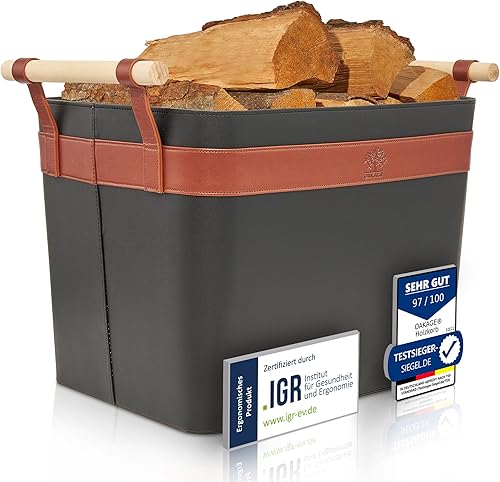 OAKAGE® Holzkorb für Kaminholz Groß aus veganem Leder Kaminholzkorb Feuerholzkorb Brennholzkorb Kaminkorb | Korb Single - Cheap-Us