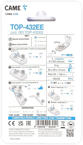 CAME TOP-432EE, Zwei-Kanal Funkhandsender, 433,92 MHz, Selbstlernfunktion, Festcode, (nur kompatibel mit CAME TOP-432EE, TOP-432EV, TOP-432NA, TOP-432SA, TOP-432M) - Cheap-Us