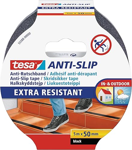 tesa Anti-Rutschband - Rutschfestes Klebeband für innen und außen - Für Treppen, Leitern und glatte Böden - Schwarz - 5 m x 25 mm, 5 m x 50 mm, 55588-00000-11 - Cheap-Us