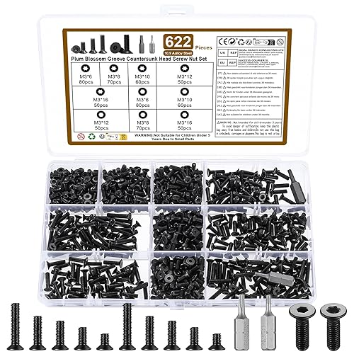 620 STK M3 Schrauben Set, Senkkopfschrauben Set, Senkkopf Innensechskant Schraubenset + Torx Senkkopf Gewindeschrauben Set, Schwarz Metrische Flachkopf Vollgewinde Senkschrauben Set, mit 2 Bits - Cheap-Us