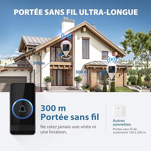 AVANTEK Funkklingel, Wasserdichtes Türklingel-Set, über 300 m Funkreichweite, 56 Melodien & 5 Lautstärken, Haustür Klingel mit 2 Empfängern und LED-Blitz, Schwarz - Cheap-Us