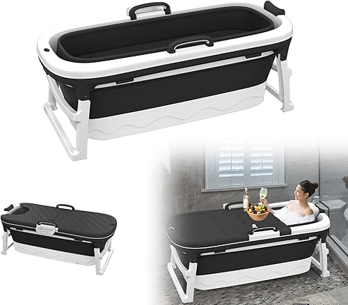 UISEBRT 138X62X52cm Faltbare Badewanne Erwachsene, Tragbare Klappbare Badewanne mit Abdeckung & Massagerollen Seifenkorb, Foldable Bathtub für Badezimmer und DuscheSchwarz, Ohne Badewannenmatte - Cheap-Us