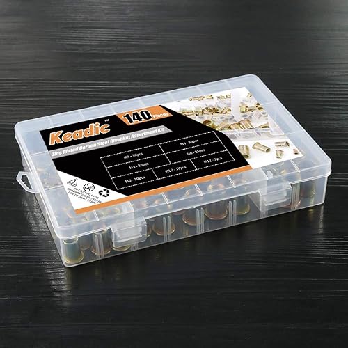 Keadic 140 Stk Nietmuttern Set, Blindnietmuttern, Flachkopf Gewindehülsen Einschraubmutter Sortiment, Kohlenstoffstahl Farbzink Einnietmuttern - M3/M4/M5/M6/M8/M10 - Cheap-Us