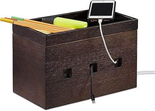 Relaxdays Kabelbox Bambus, Steckdosenleiste & Kabel verstecken, Kabelmanagement Schreibtisch, HBT 16,5x25,5x14cm, braun - Cheap-Us