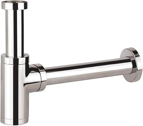 Messing Design Siphon, Keymark Universal Siphon für Waschbecken & Waschtisch, mit 200 Tauchrohr Flaschensiphon 1 1/4 x 32mm, Bad Abflussgarnitur passgenau Rund Geruchverschluss, Verchromt - Cheap-Us