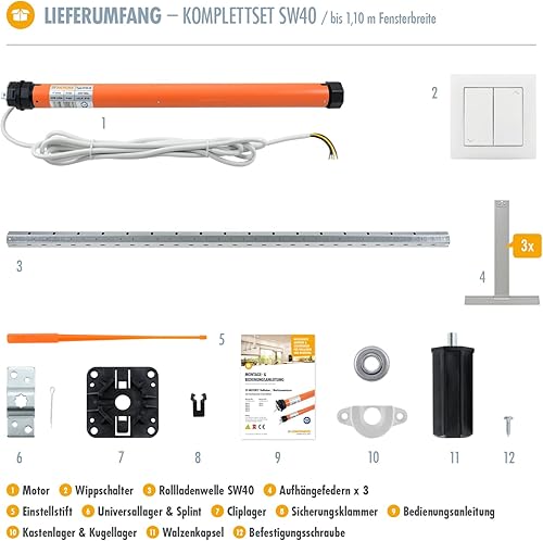 3T-MOTORS Rolladen-Set mit Wippschalter, Einbau-Material und Rollladen-Welle SW40, Rohrmotor, Rolladenantrieb, TÜV geprüft, verschiedene Größen, Set bis 1,10 m - Cheap-Us