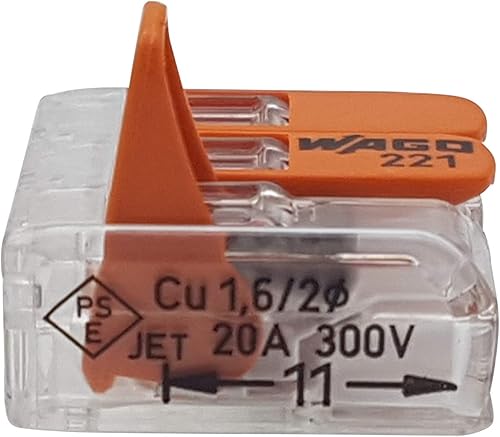 WAGO Plug-in terminal 3-way with lever for rigid (0.2-4 mm²) and flexible (0.14-4 mm²) wires to open again, transparent/orange, contents: 50 pieces - Cheap-Us