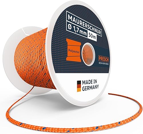 Presch Maurerschnur 50m | ⌀2,0mm | Polyester | Reißfeste, witterungsbeständige Richtschnur mit Spule | Knotenfeste Bauschnur - Extrem langlebig und hochwertig - Cheap-Us