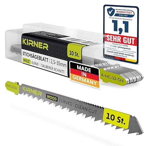 KIRNER Stichsägeblätter Holz 10 Stk. [ bis zu 5x mehr Schnitte ] extrem schneller & gerader Schnitt (5-50mm) in Holz & Kunststoff - für alle T-Schaft-Stichsägen - Sägeblätter Stichsäge - Cheap-Us