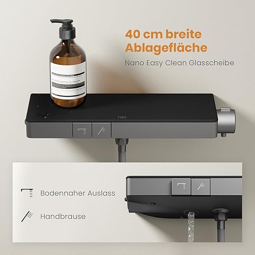 EMKE Duschset mit Thermostat, Duschstange mit Brause mit 40cm Thermostatische Platte, Design Duschstange, 3 Strahlarten Handbrause, Duschset mit Armatur, Anthrazit Matt - Cheap-Us
