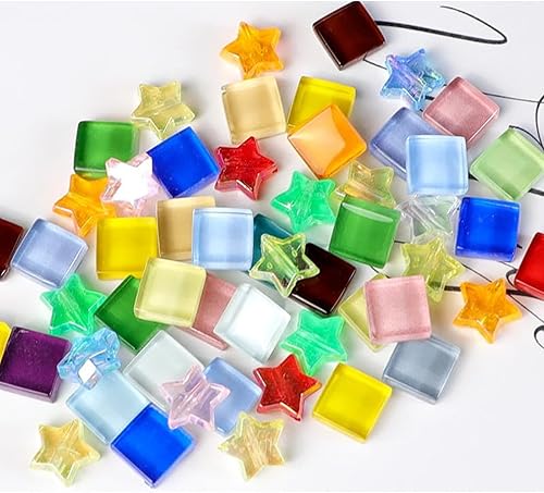 200g Bunte Kristall-Mosaik-Glasfliesen zum Basteln, Quadratisch und Stern kleine Mosaikglasstücke für Badezimmer, Küche, Heimdekoration(Seeblau) - Cheap-Us