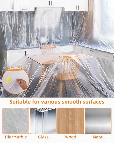 Cotepi 4 Rollen Abdeckfolie mit Klebeband, Transparent Abdeckfolie Selbstklebende Malerfolie Malerband, Selbstklebende Malerfolie mit Klebeband, Malerfolie Abdeckfolie (55cm, 110cm, 150cm, 270cm) - Cheap-Us