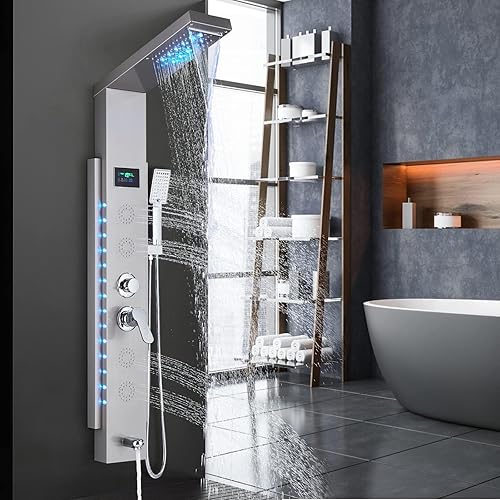 Duschpaneel Schwarz LED Multifunktion Mit Edelstahl Eckmontage Regendusche DuschsäUle Badewannenarmatur Duschsystem Duschset Keine Batterie Duschamaturenset hevenaov - Cheap-Us