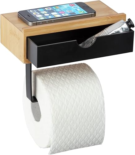 WENKO Toilettenpapierhalter Mod. Bambusa mit Ablage aus Bambus und Schublade, inkl. Befestigungsmaterial, Natur/Schwarz - Cheap-Us